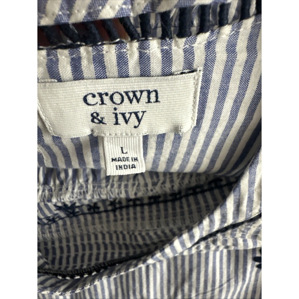 Crown & Ivy Large Womens Top Peasant 3/4 Sleeve Blue Stripe Embroidered Boho - Picture 7 of 16